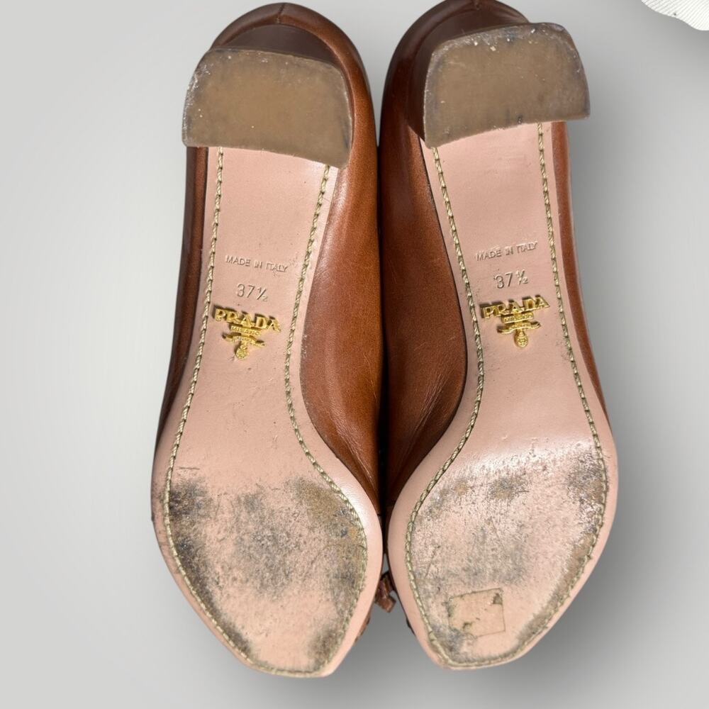 Prada Brown Leather Bow Peep Toe Pumps Heels Size 37.5 Made in Italy - Picture 3 of 14